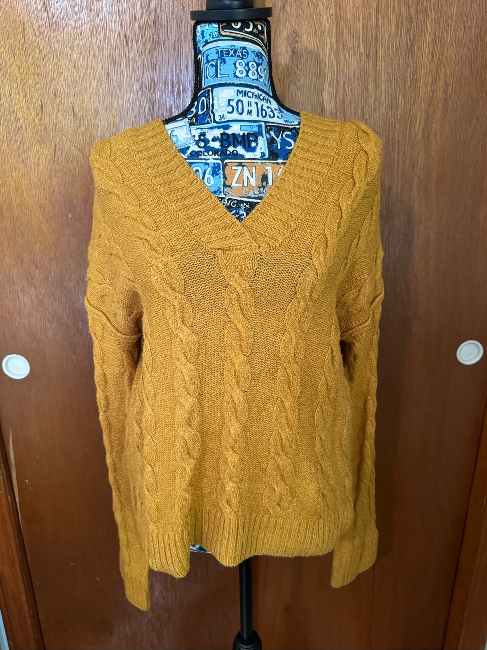 SO Cable Knit V-Neck Hooded Sweater - Mustard Yellow
